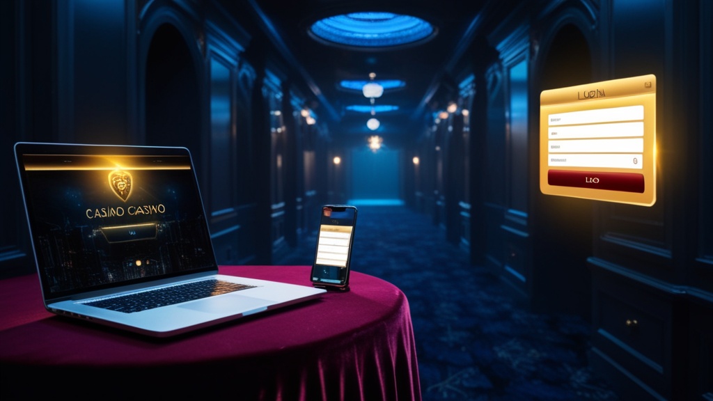 Login-Bildschirm auf Laptop und Smartphone in dunkler Casino-Atmosphäre