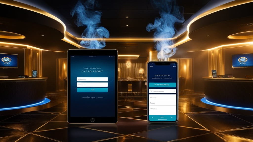 Geteilte Casino-Szene mit Login- und Registrierungsbildschirm