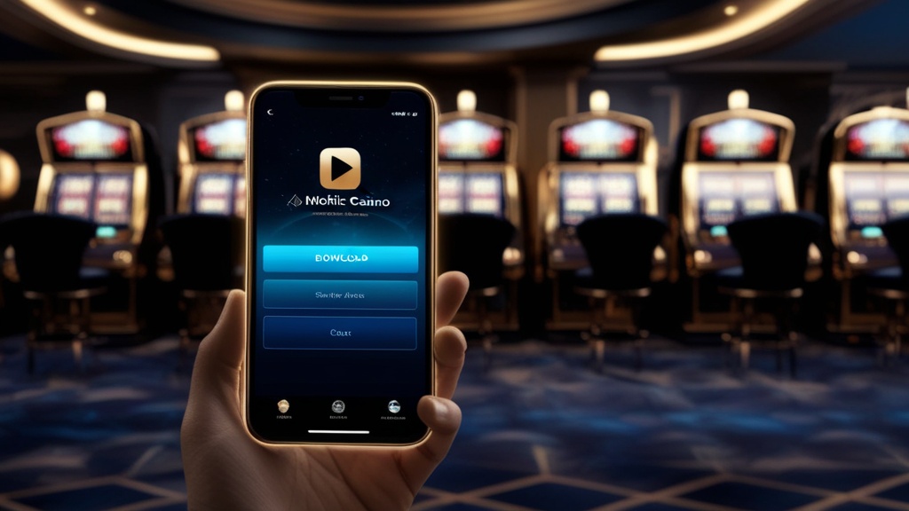 Smartphone mit Download-Symbol vor dunkler Casino-Atmosphäre